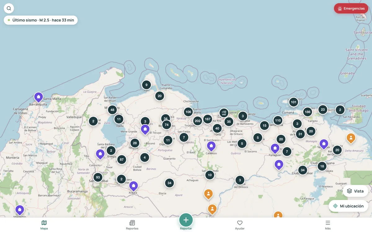 AyudaVE map showing emergency reports across Venezuela