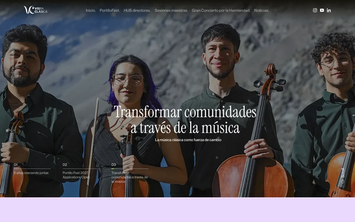 Vibra Clásica homepage showing a string orchestra